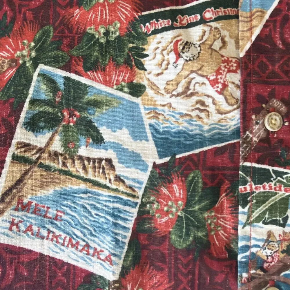 Reyn Spooner Mele Kalikimaka Vtg XMAS Santa Postcard Aloha Shirt Mens M Limited